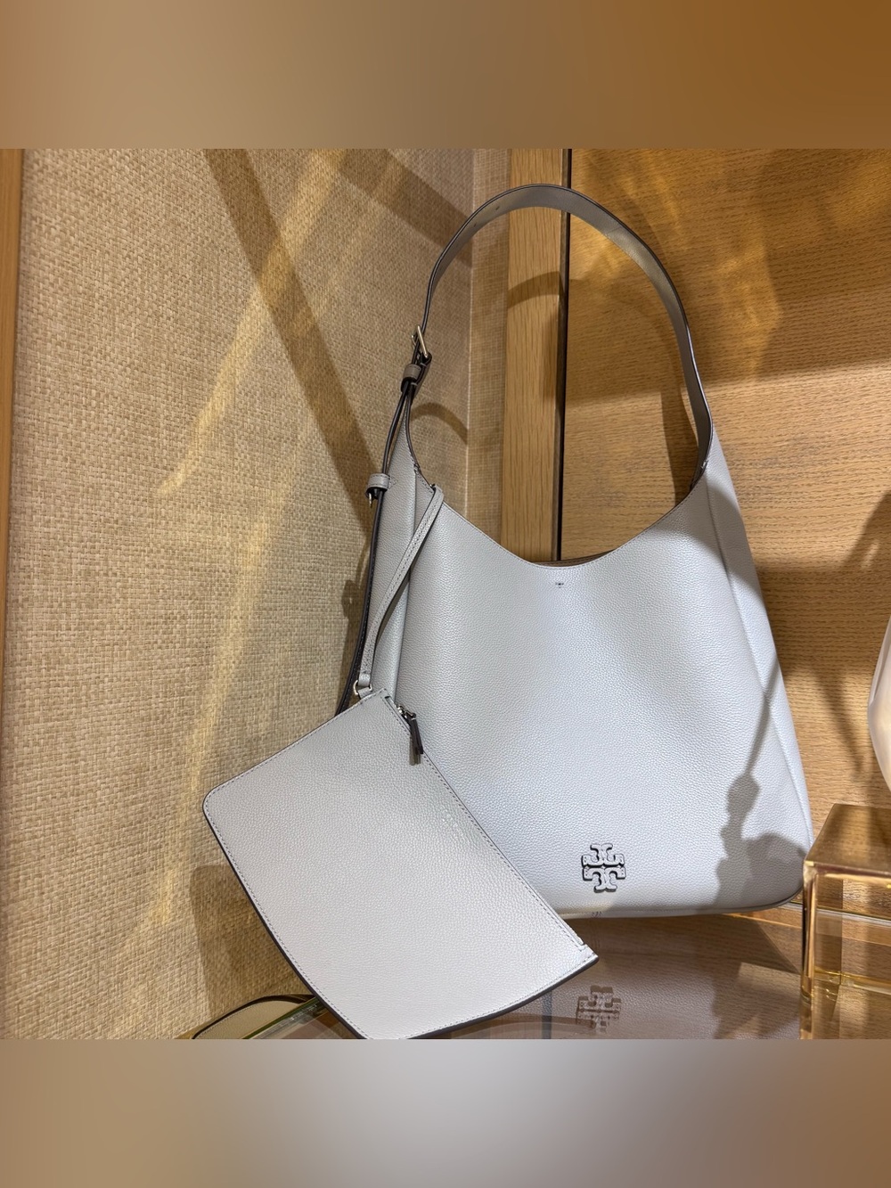 NWT Tory Burch 167619 Thea Medium Slouchy Shoulder Bag Misty Cloud Gray Leather